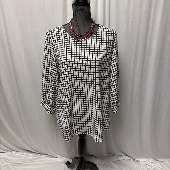 Adrianna Papell Blouse Womens Size Large Black White Windowpane Puff Sleeve Top - Picture 1 of 9